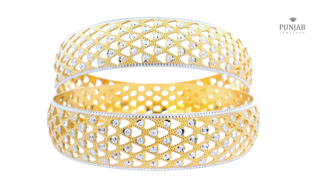 22K Yellow and White Gold Bangles with Openwork Design (Set of 2)