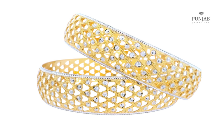 22K Yellow and White Gold Bangles with Openwork Design (Set of 2)