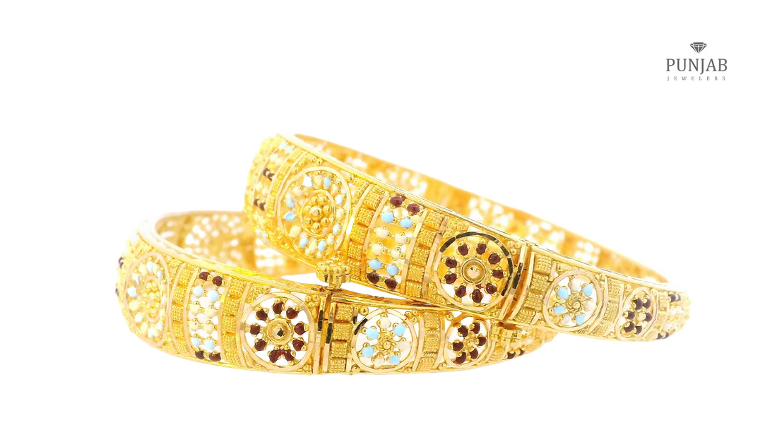 22K Yellow Gold Meenakari Screw Bangles with Intricate Motif (Set of 2)