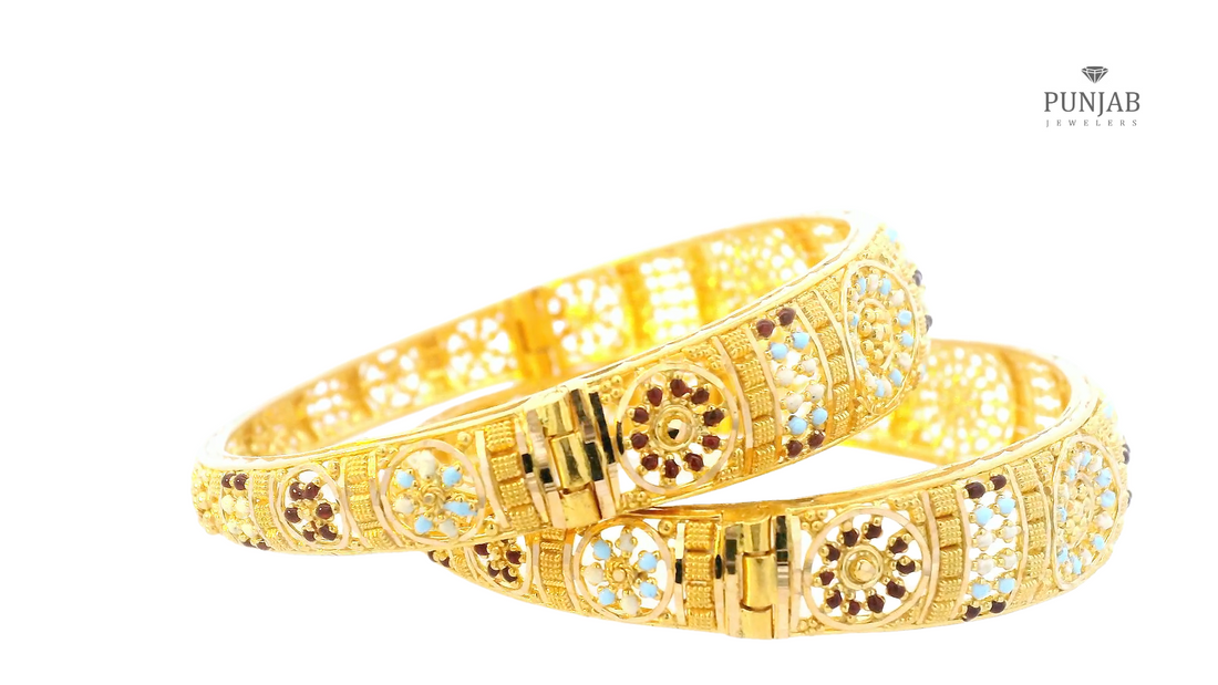 22K Yellow Gold Meenakari Screw Bangles with Intricate Motif (Set of 2)