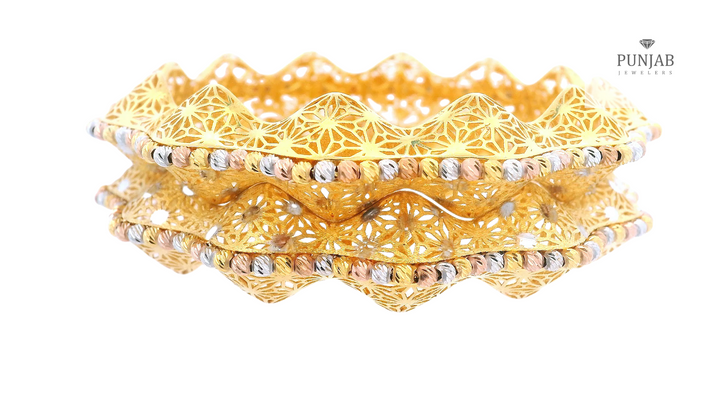 22K Yellow, White, and Rose Gold Bangles with Intricate Floral Openwork (Set of 2)