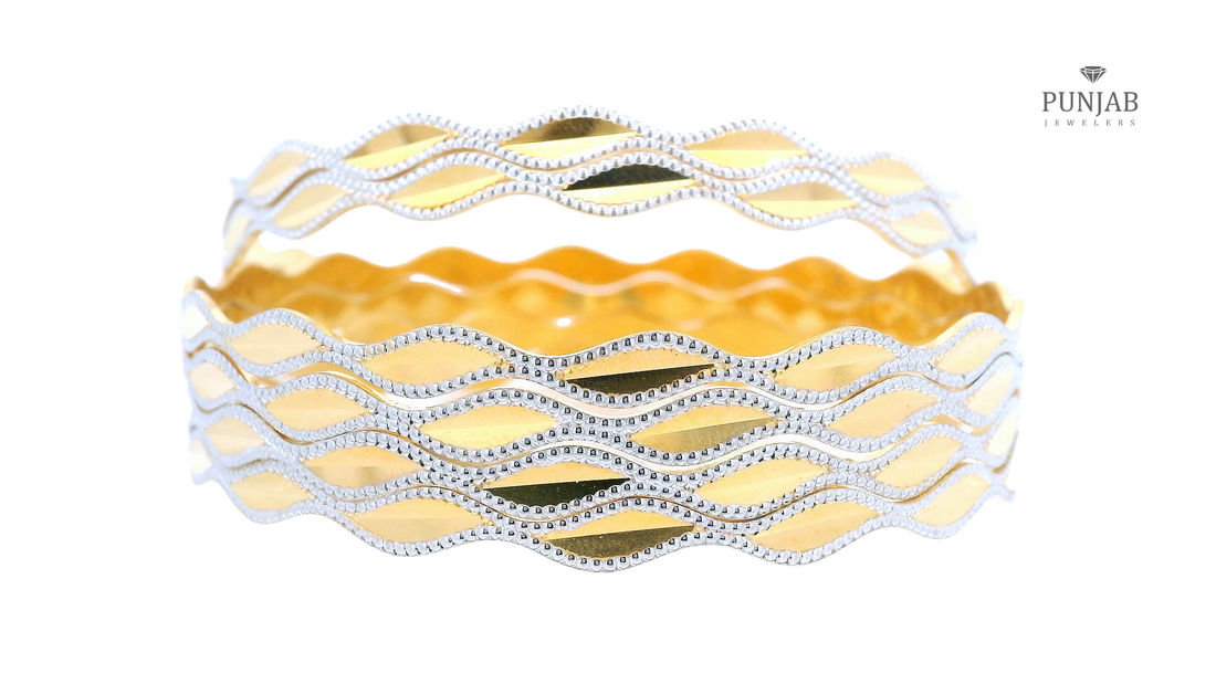 Elegant Wave Design 22K Yellow and White Gold Bangle Set (6 Pieces)