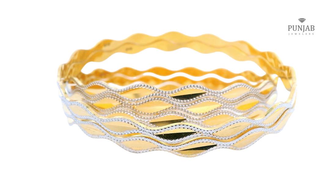 Elegant Wave Design 22K Yellow and White Gold Bangle Set (6 Pieces)