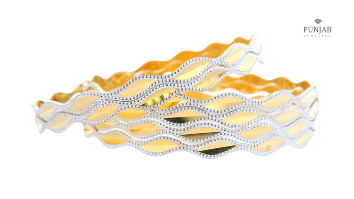 Elegant Wave Design 22K Yellow and White Gold Bangle Set (6 Pieces)