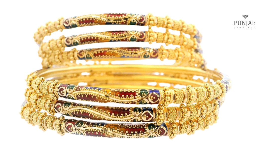 22K Yellow Gold Bangles Set with Meenakari Accents (Set of 6)