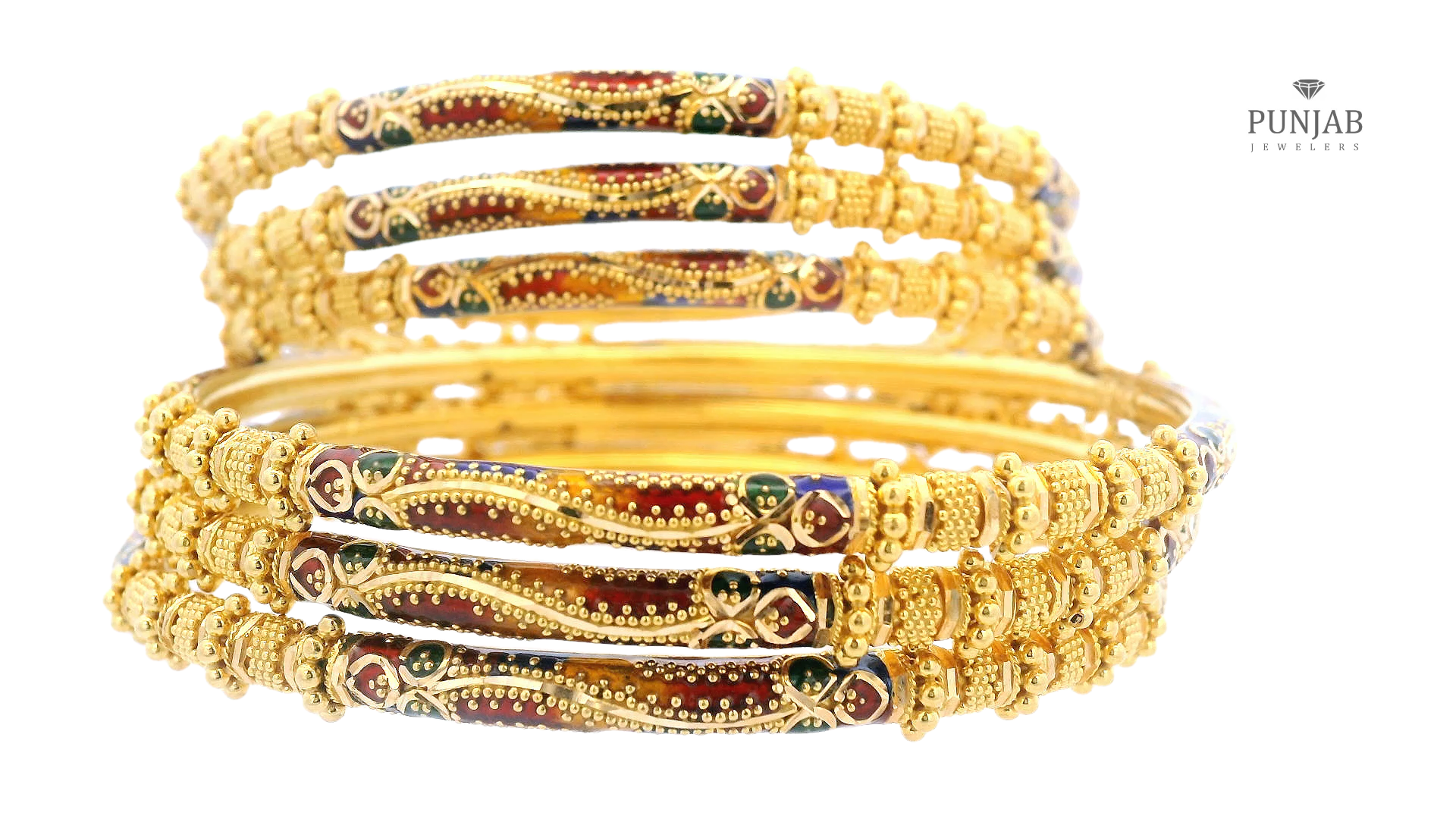 22K Yellow Gold Bangles Set with Meenakari Accents (Set of 6)