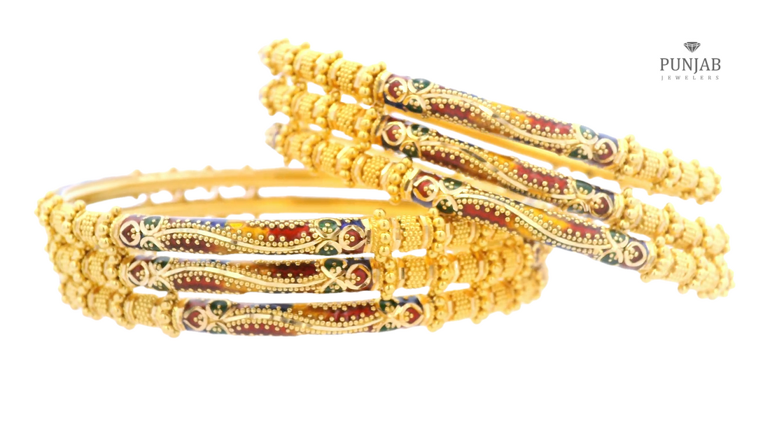 22K Yellow Gold Bangles Set with Meenakari Accents (Set of 6)