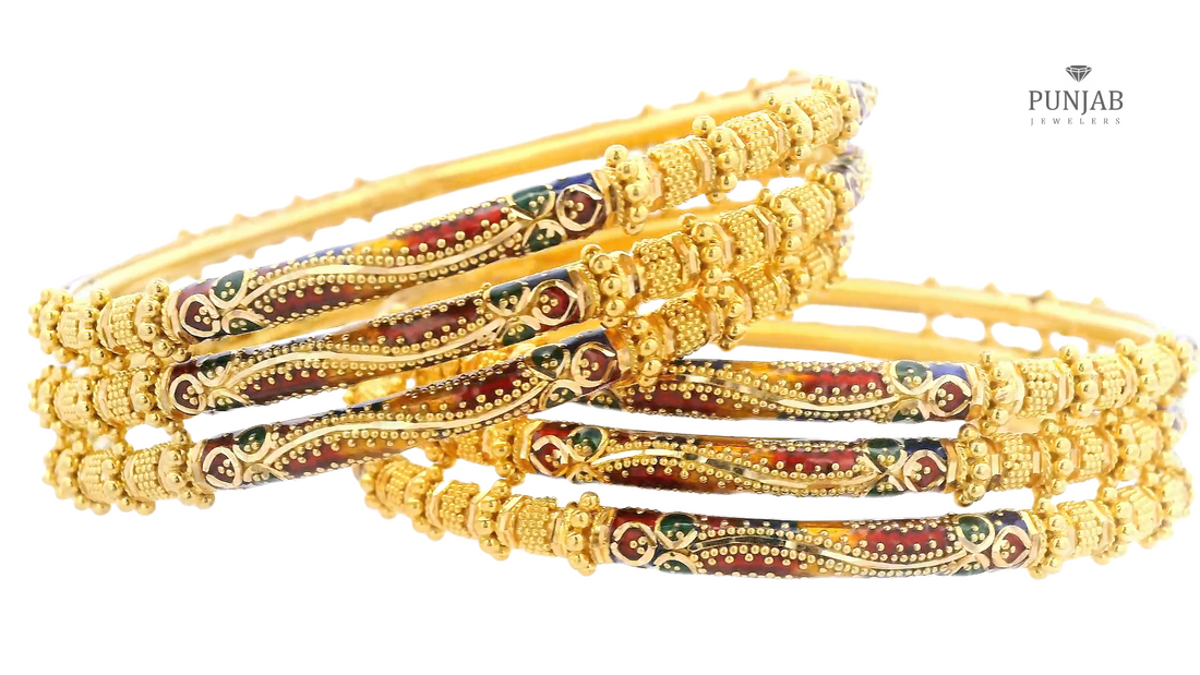 22K Yellow Gold Bangles Set with Meenakari Accents (Set of 6)