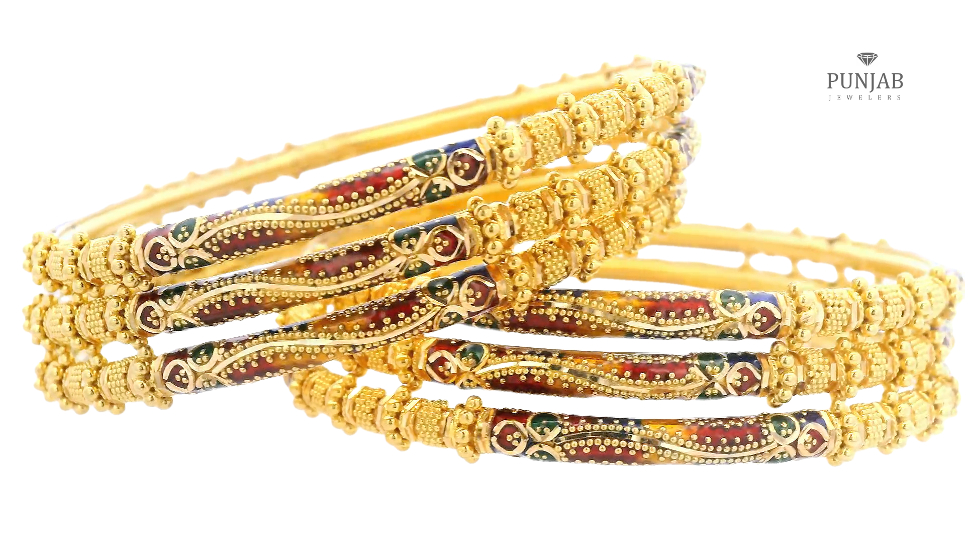 22K Yellow Gold Bangles Set with Meenakari Accents (Set of 6)