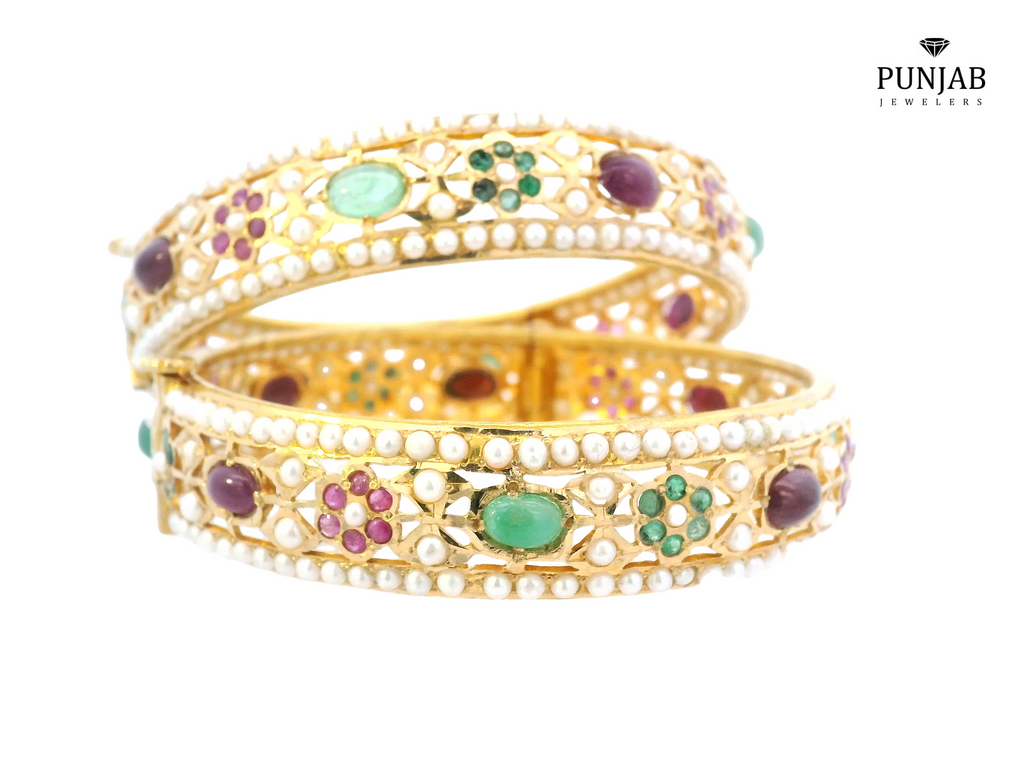 22K Yellow Gold Screw Bangle Set with Pearls, Rubies, and Emeralds (2 Pcs)