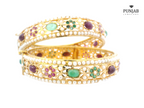 22K Yellow Gold Screw Bangle Set with Pearls, Rubies, and Emeralds (2 Pcs)