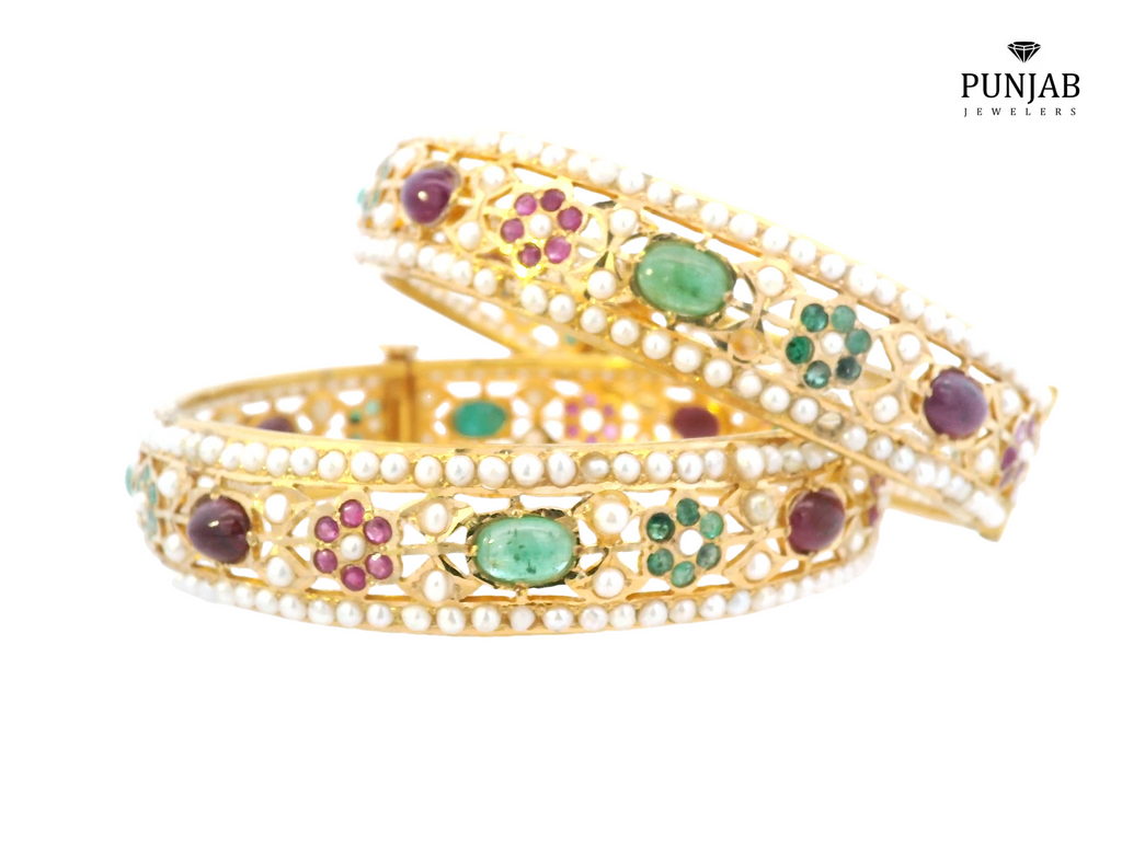 22K Yellow Gold Screw Bangle Set with Pearls, Rubies, and Emeralds (2 Pcs)