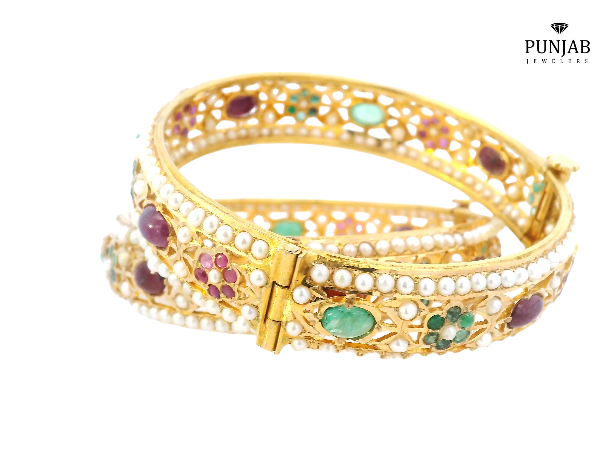 22K Yellow Gold Screw Bangle Set with Pearls, Rubies, and Emeralds (2 Pcs)