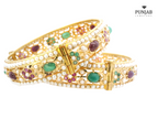 22K Yellow Gold Screw Bangle Set with Pearls, Rubies, and Emeralds (2 Pcs)