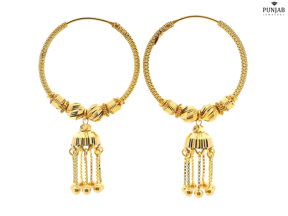 22K Yellow Gold Hoop Earrings with Hanging Chain Charm