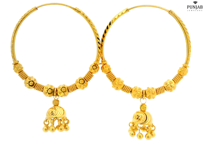 22K Yellow Gold Hoop Earrings with Hanging Decorative Charm