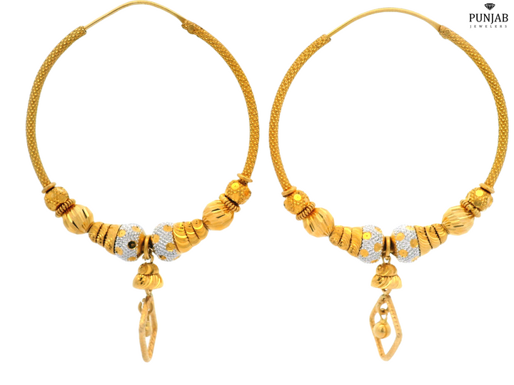 22K Yellow and White Gold Hoop Earrings with Hanging Charm