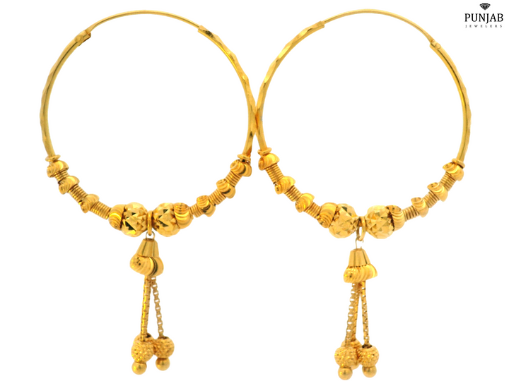 22K Yellow Gold Hoop Earrings with Hanging Chain Elements