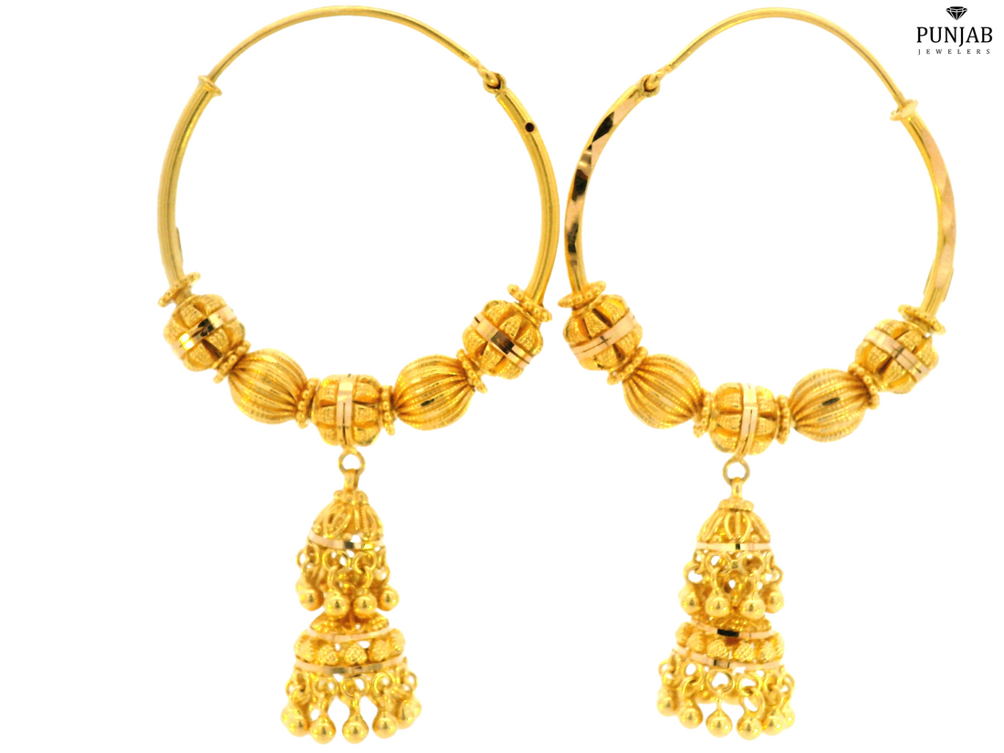 22K Yellow Gold Hoop Earrings with Hanging Decorative Charm