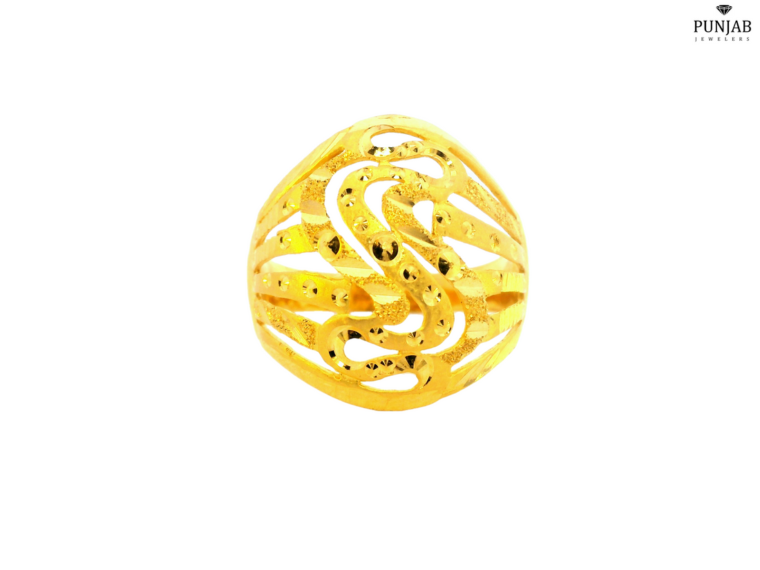 22K Yellow Gold Curved Openwork Ring with Textured Design