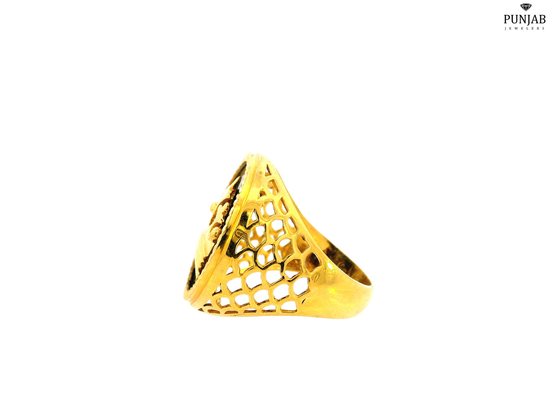 22K Yellow Gold Crown Ring with Black Stone Accent