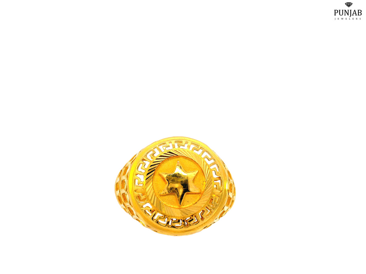 22K Yellow Gold Star Ring with Greek Key and Leaf Motif