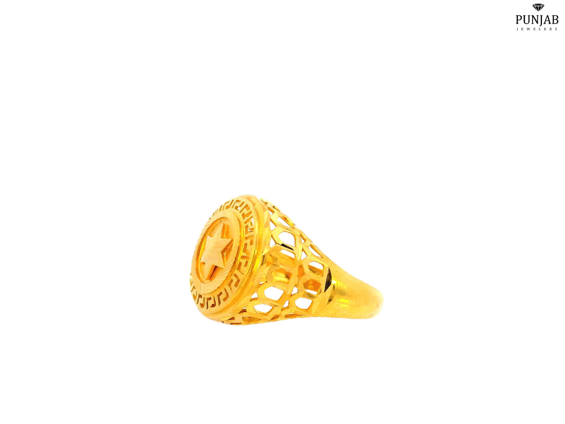 22K Yellow Gold Star Ring with Greek Key and Leaf Motif