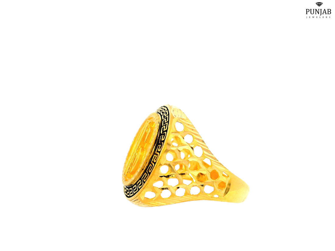 22K Yellow Gold Dollar Sign Ring with Black Enamel Detailing