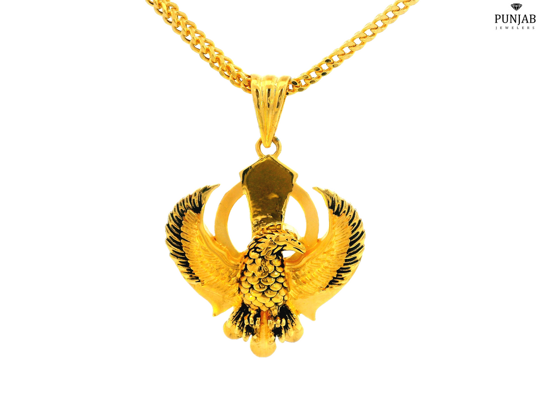 22K Yellow Gold Khanda Symbol Pendant with Eagle Design