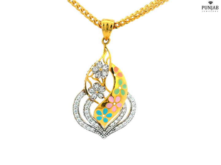 22K Yellow Gold Floral Pendant with Cubic Zirconia and Vibrant Enamel Accents