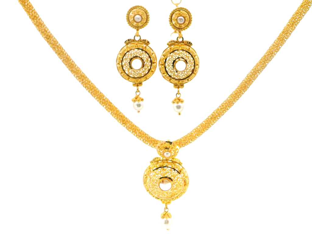 22K Yellow Gold Pearl & Gemstone Necklace Set | Elegant Dual-Stone Design