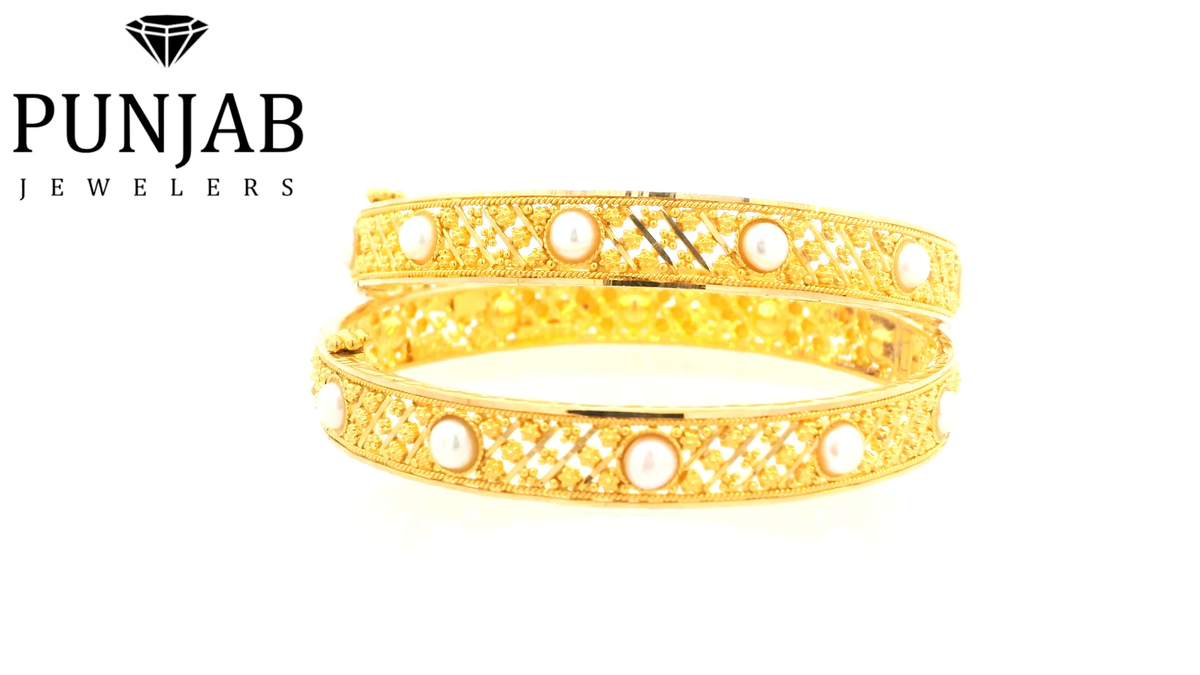 22K Multi-Tone Yellow Gold Bangle with Pearl Accents