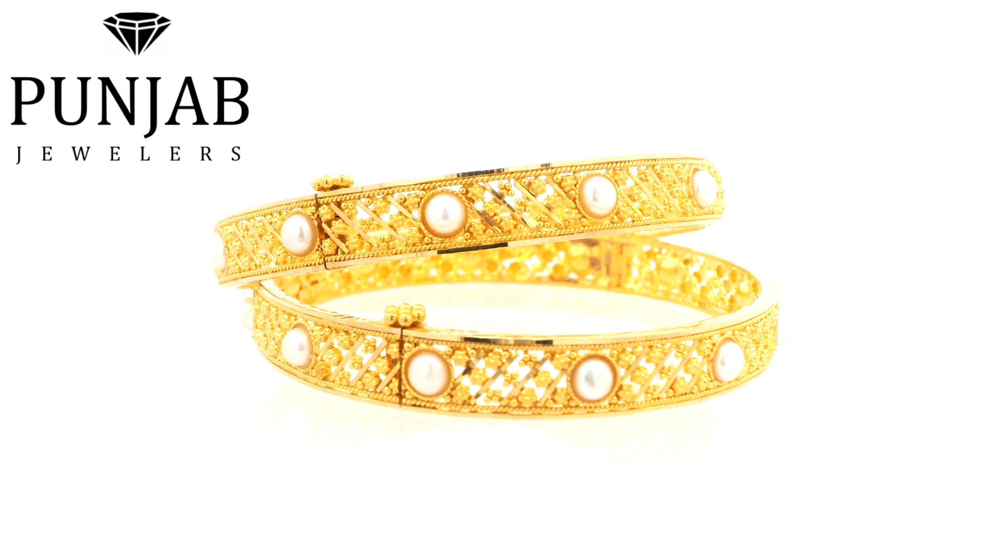 22K Multi-Tone Yellow Gold Bangle with Pearl Accents