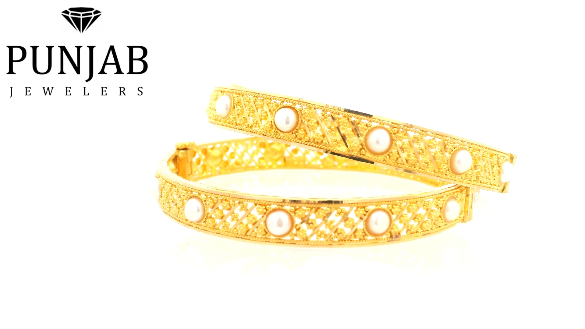 22K Multi-Tone Yellow Gold Bangle with Pearl Accents
