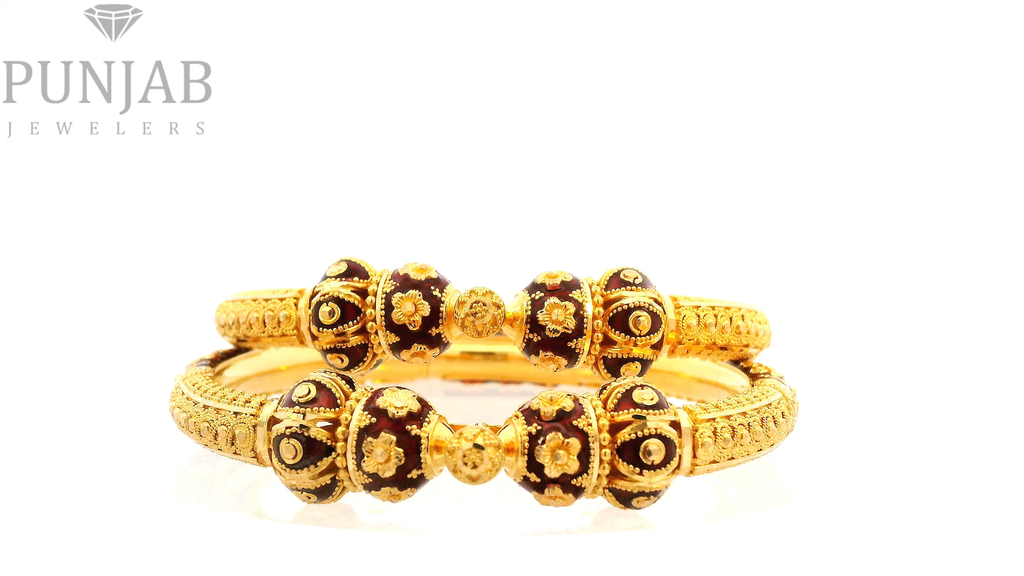 22K Yellow Gold Meenakari Screw Open Bangles – Traditional Artistic Elegance, Size 2.4 (Pair)