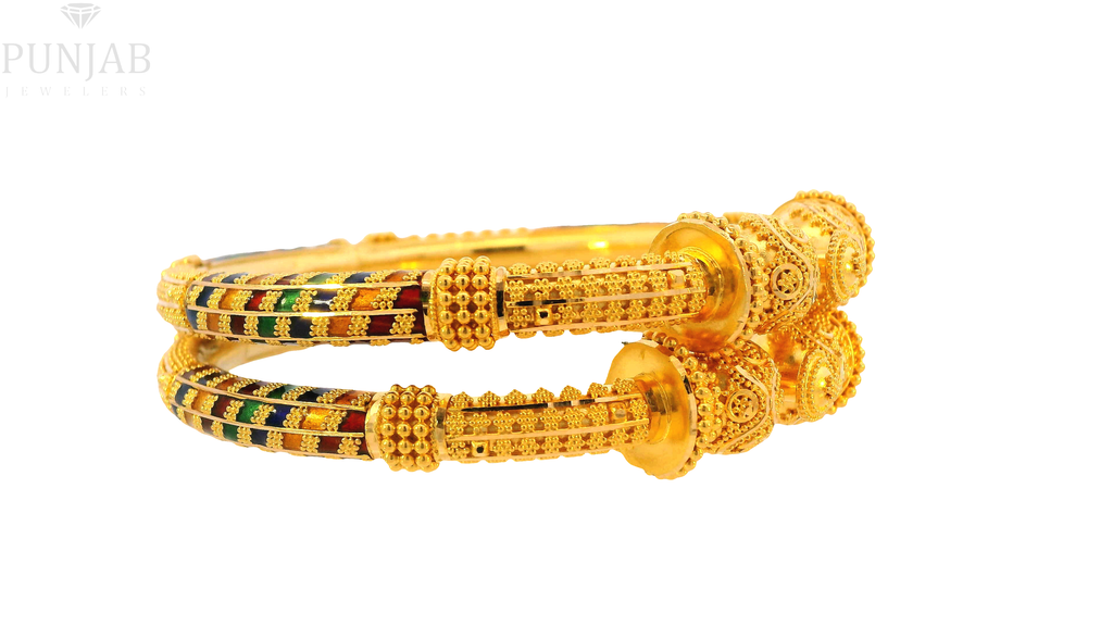 22K Yellow Gold Meenakari Screw Open Bangles – Traditional Artistic Elegance