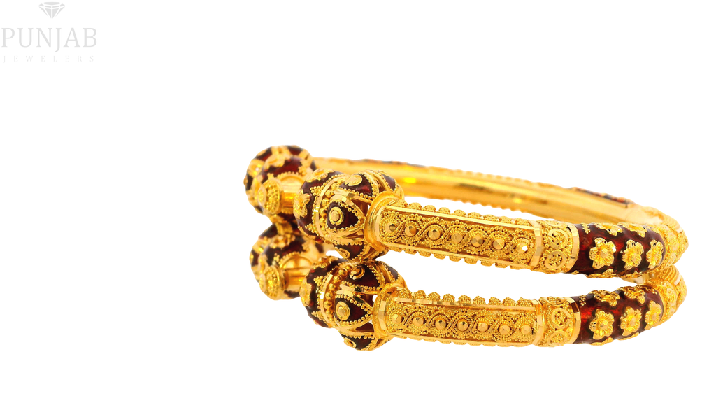 22K Yellow Gold Meenakari Screw Open Bangles – Traditional Artistic Elegance, Size 2.4 (Pair)