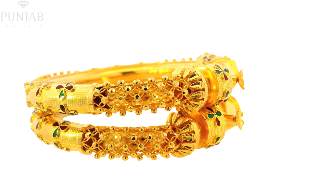 22K Yellow Gold Meenakari Screw Open Bangles