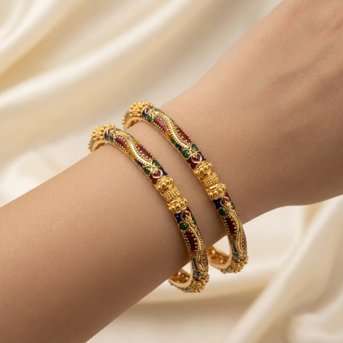 22K Yellow Gold Bangles Set with Meenakari Accents (Set of 6)