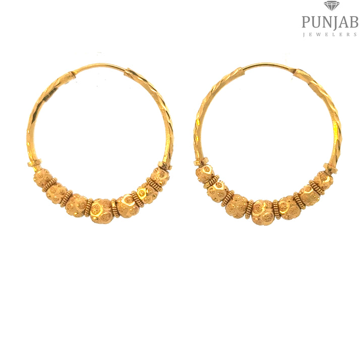 22K Yellow Gold Hoop Earrings with Decorative Spherical Beads