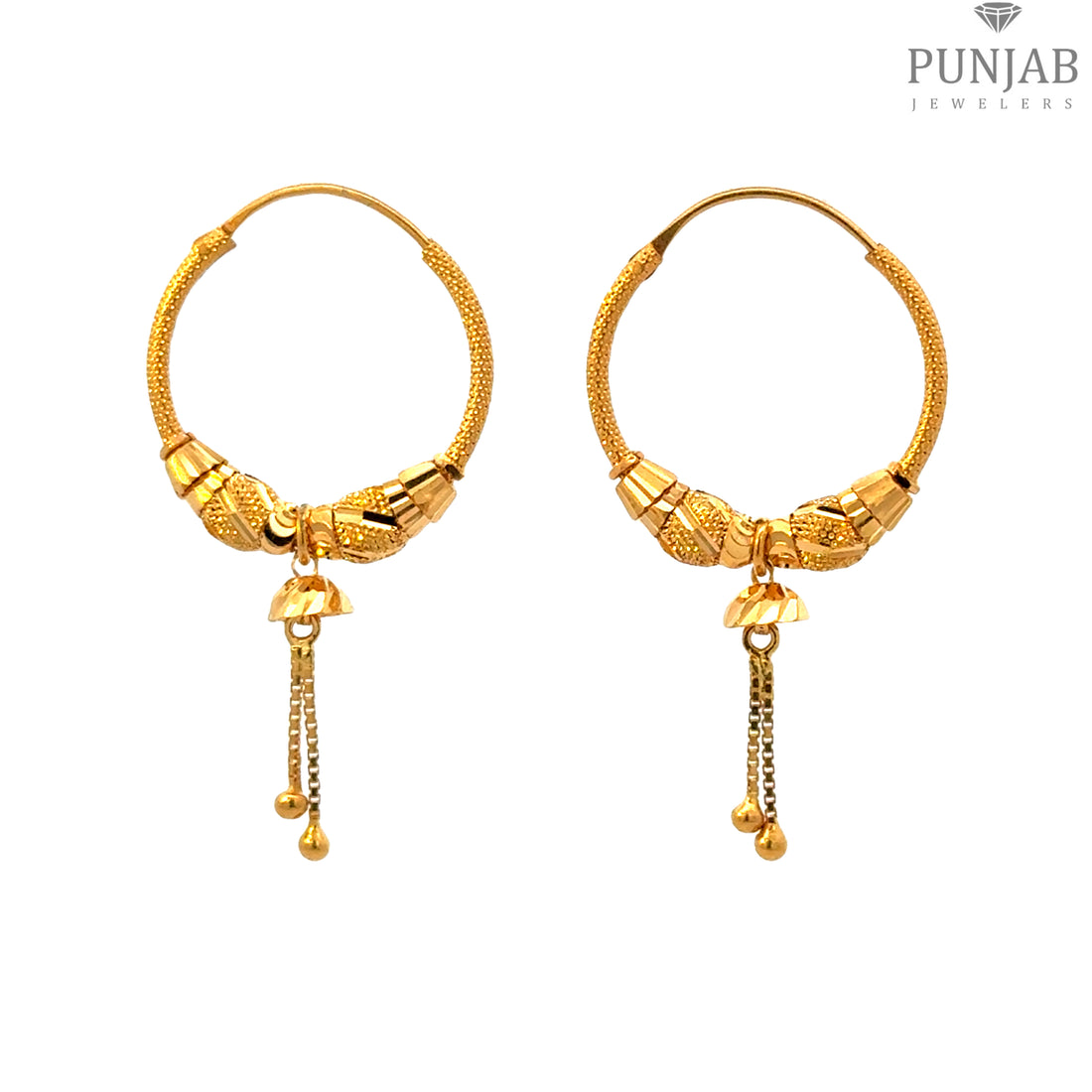 22K Yellow Gold Hoop Earrings with Hanging Chain Charm