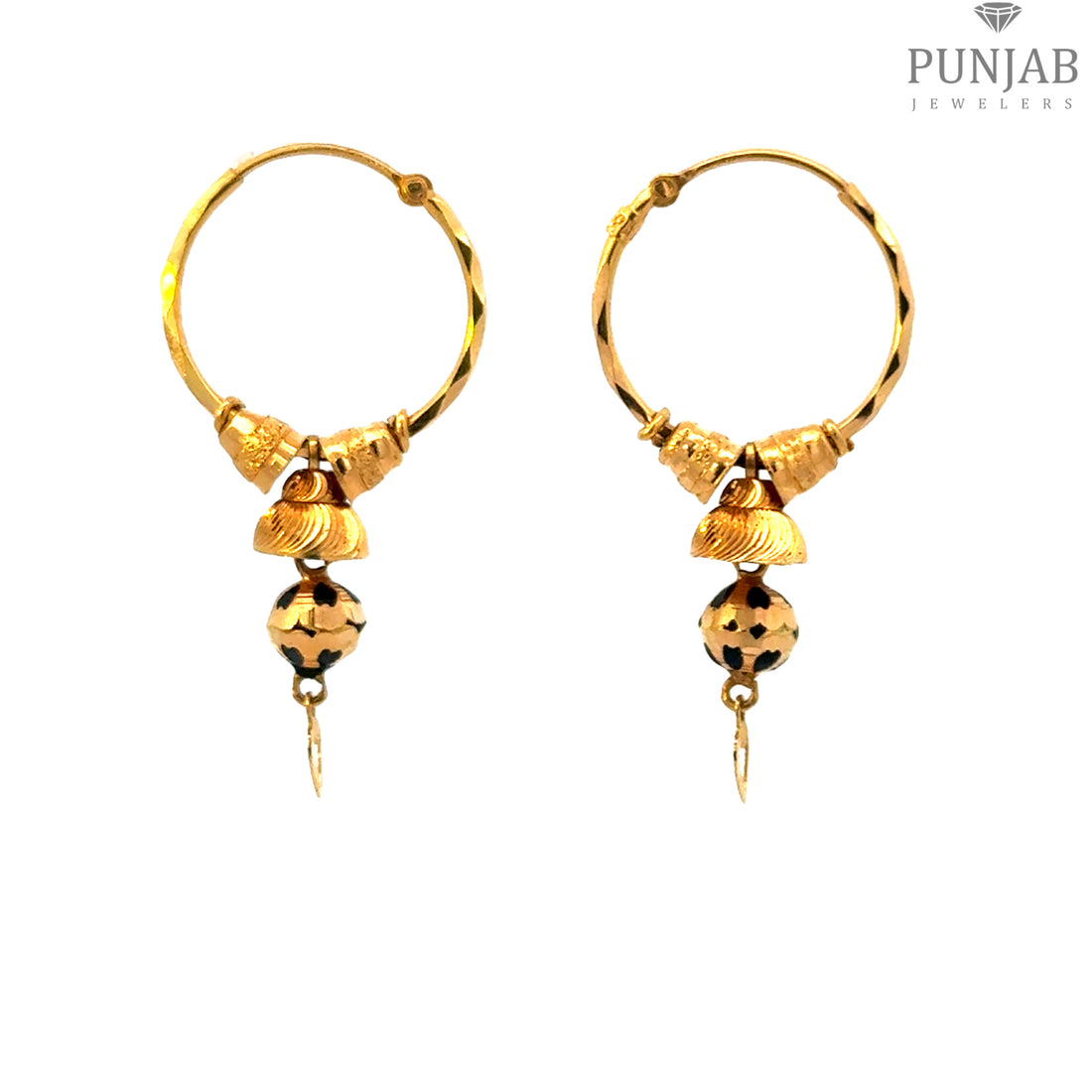 22K Yellow Gold Hoop Earrings with Hanging Bead Charm