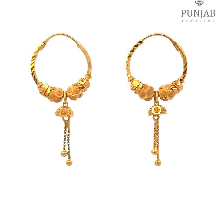 22K Yellow Gold Hoop Earrings with Hanging Floral Detail