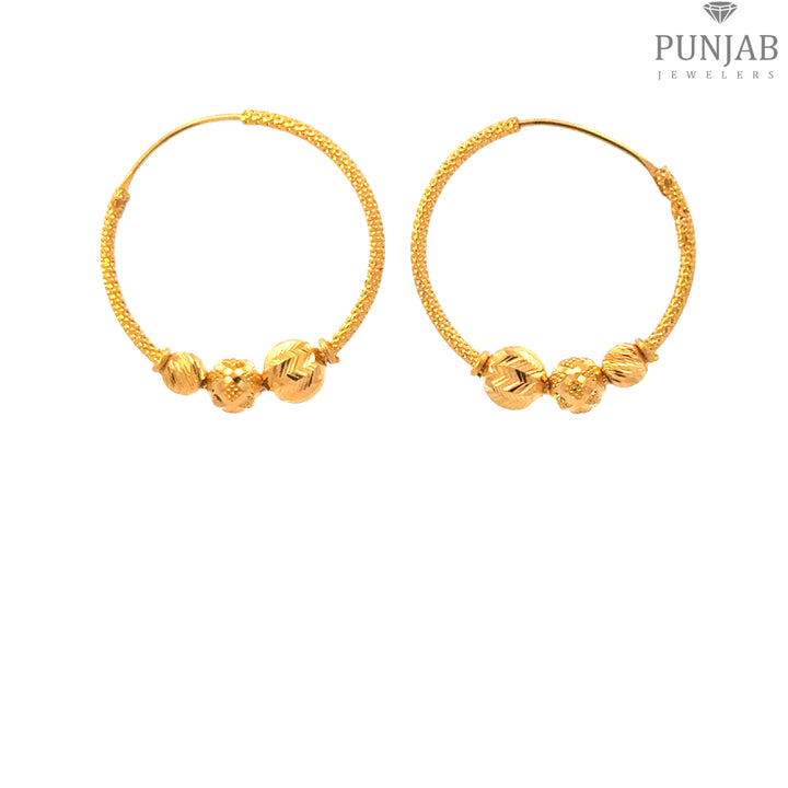 22K Yellow Gold Hoop Earrings with Bead Accents