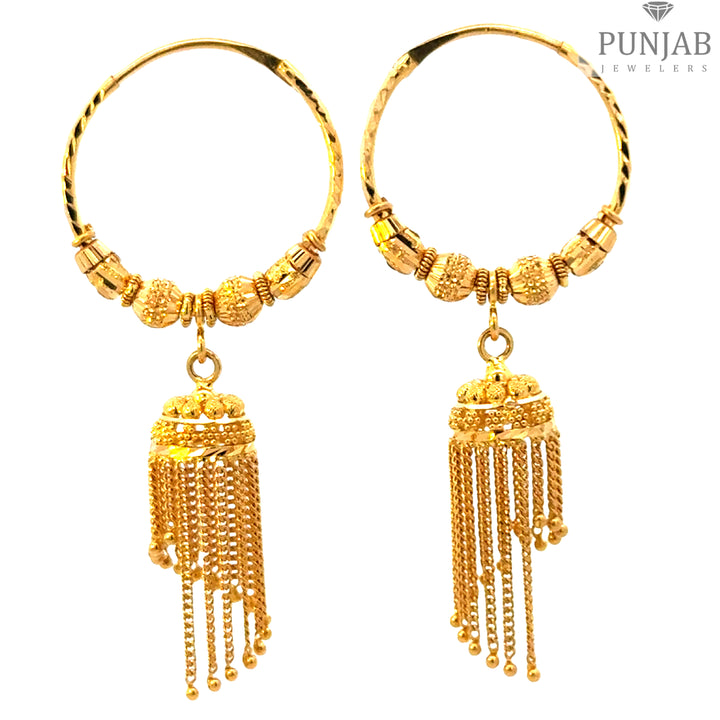 22K Yellow Gold Hoop Earrings with Tassel Charms