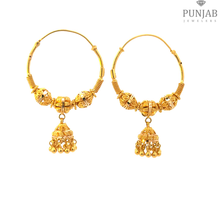 22K Yellow Gold Hoop Earrings with Intricate Beads and Dangling Charms