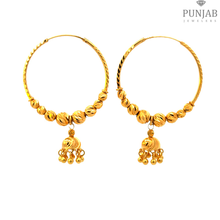 22K Yellow Gold Hoop Earrings with Elegant Beads and Hanging Charms