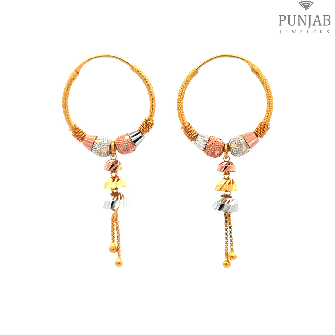 Elegant 22K Tri-Color Gold Hoop Earrings with Hanging Charms