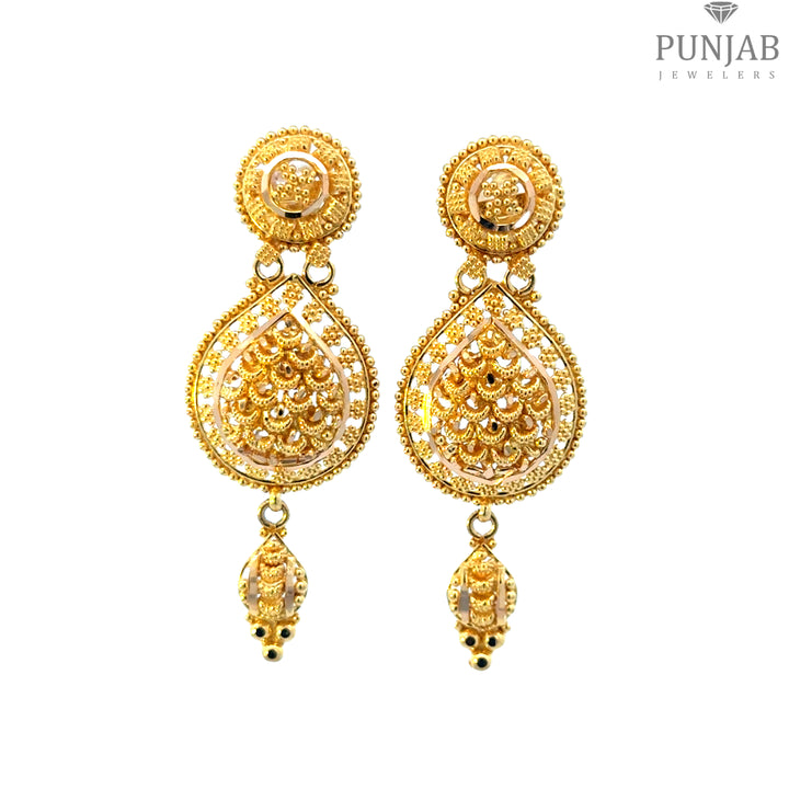 22K Yellow Gold Teardrop Hanging Earrings with Filigree Detailing and Charm