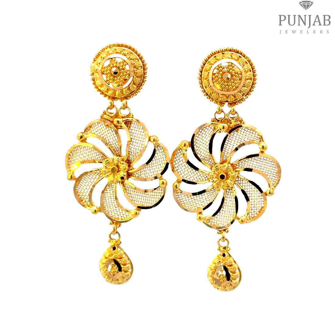 22K Yellow Gold Floral Hanging Earrings with Teardrop Charm